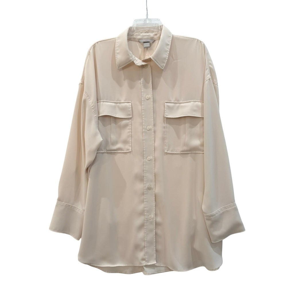 H & M Women's Cream Button Up Shirt Oversized Long Sleeve Flap Pockets Size XL